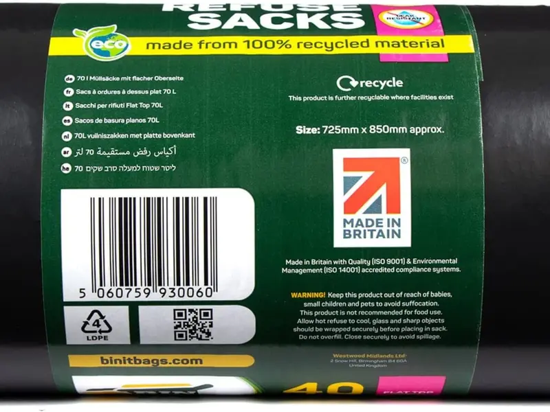 BIN IT 40 Everyday 70L Strong & Secure, Refuse Sacks, Bin Bags, Bin Liners, Flat Top, Recycled, Tear Resistant, 30 μm, Perfect for Everyday Use, Household, Office, Kitchen & Caterers 3