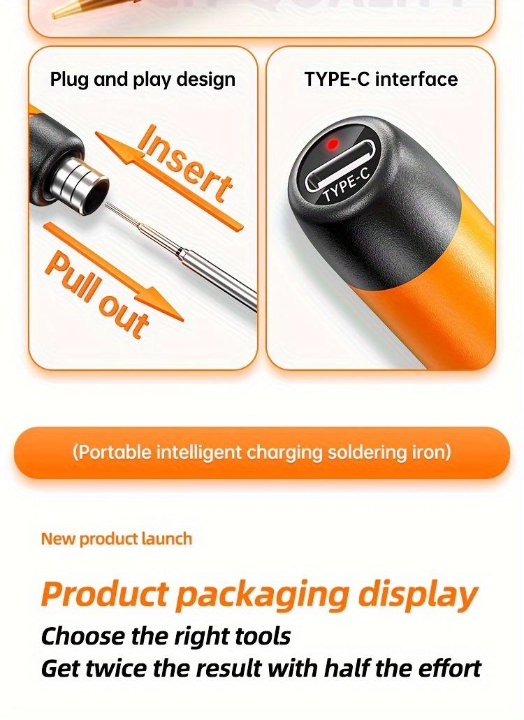 Product Introduction of 1pc Mini Cordless Soldering Iron Kit with Digital Display, 3 Temperature Settings, USB Rechargeable Portable Soldering Tool for Home Appliance Repair, Jewelry Crafting, DIY Projects - Plastic, Orange & Dark Grey, Compatible with PC 4