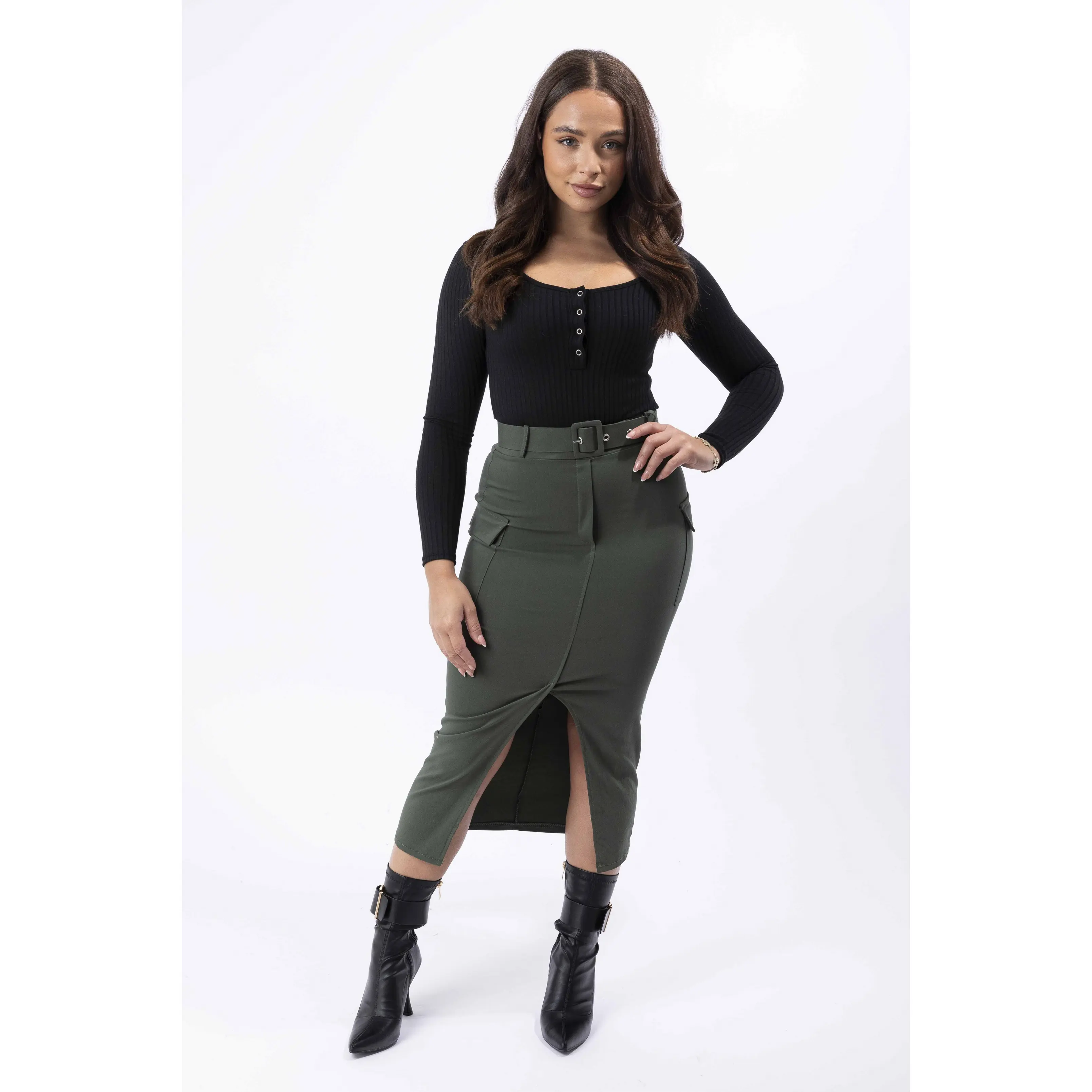 Front Split Midi Belted Cargo Skirt
