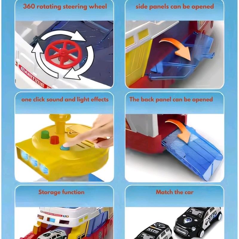 Coast Guard Ship Toy, 1:16 Scale Transport Boat With 3 Super Car, Fire ship model with light and sound, cabin can be opened, Birthday Gift for 3 4 5 6 Year Old Kids 5