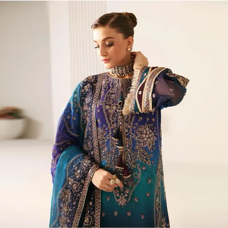 Embroidered Shaded Chiffon Readymade Salwar Kameez for Eid, Nikkah, Mendhi, & South Asian wedding parties. Featuring intricate embroidery, Dupatta, sleeves, palazzo trousers. Soft, breathable chiffon,perfect for Pakistani, indian bridal festive.Eid outfit
