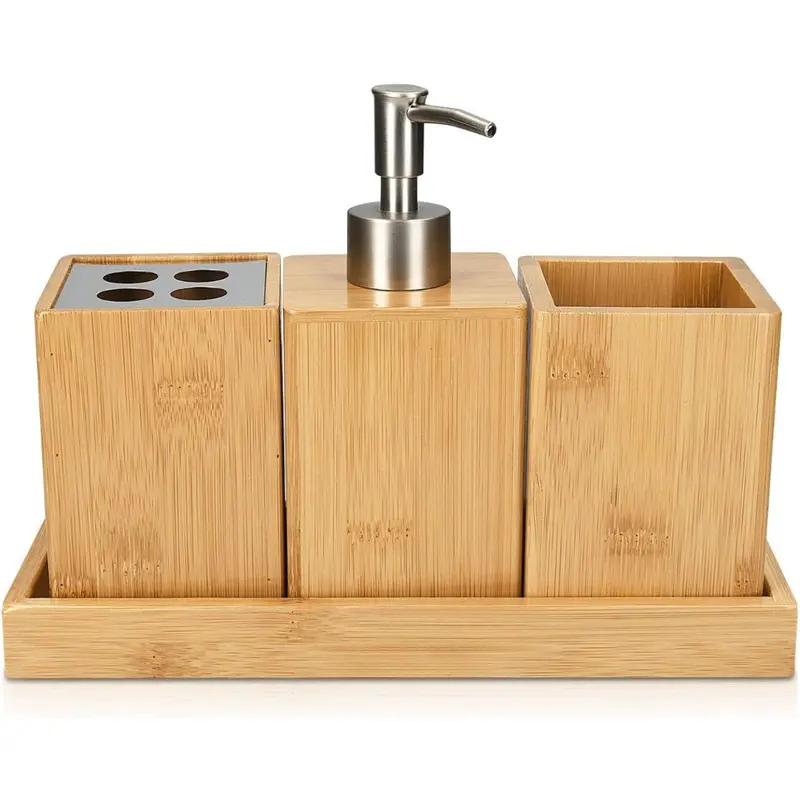 Bamboo Bathroom Accessories Set - 4-Piece Bath Set with Toothbrush Holder, Soap Dispenser, Storage Container, Organiser Tray - Natural Wood 7