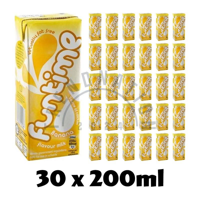 Fun Time Banana Skimmed Milk Drinks 30 x 200ml Cartons with Straw - Virtually Fat Free Beverage Dairy Milky 1