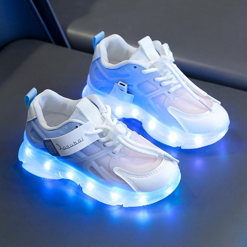 Child Rechargeable PU Leather LED Light Shoes Children's Shoes Boys and Girls Mesh Running Sneakers 0