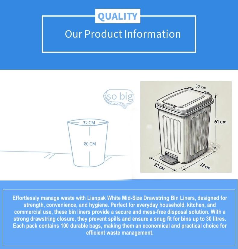 Product Introduction of Bitterplum 100pcs White Mid-Size Drawstring Strong Pedal Bin Liners 3