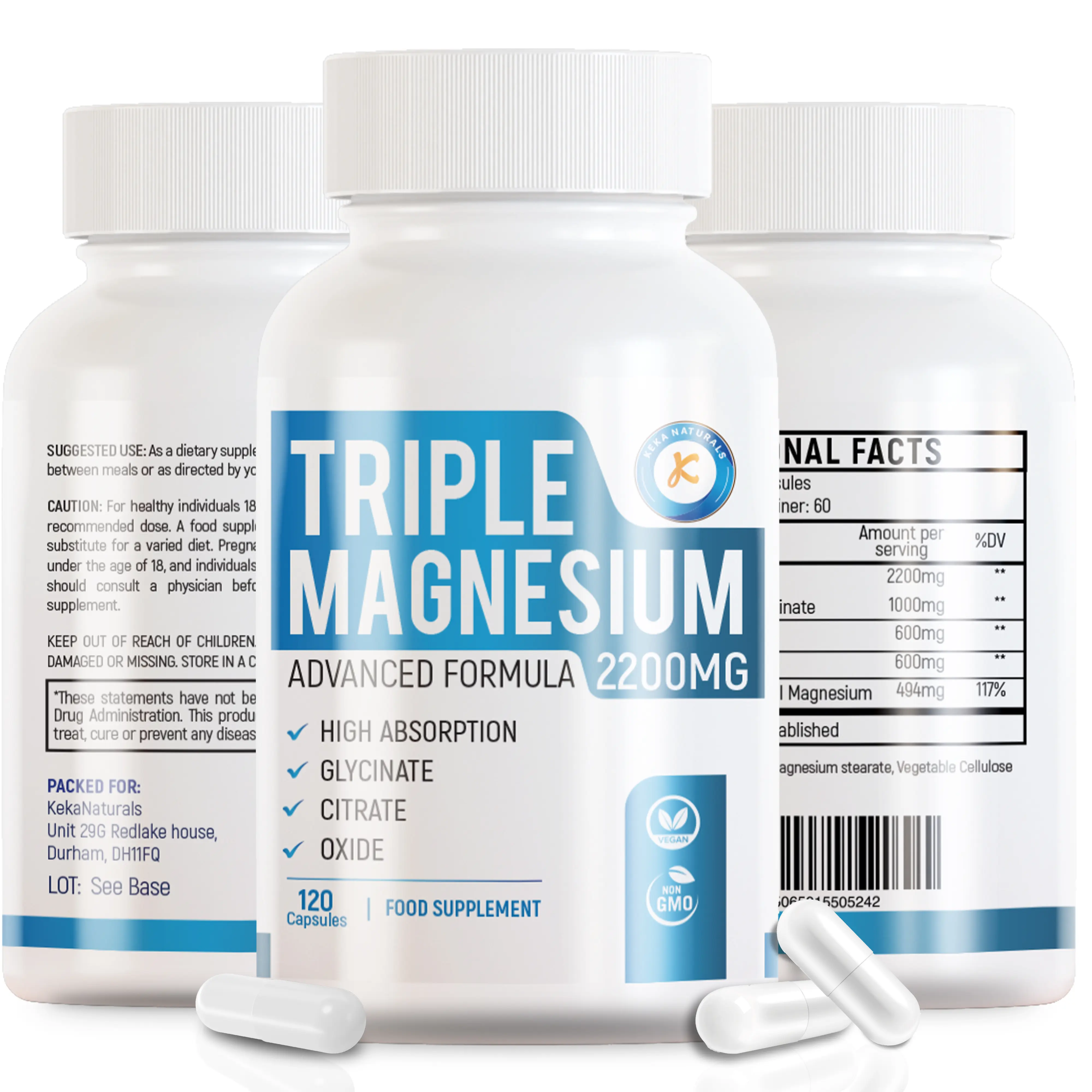 Triple Magnesium Complex 2200mg - Glycinate Oxide Citrate - 3 in 1 powerful supplement - 120 Veggie Capsules