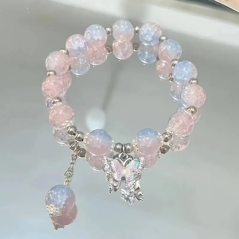 Cute Butterfly Charm Pink Beaded Bracelet - Gift for Her