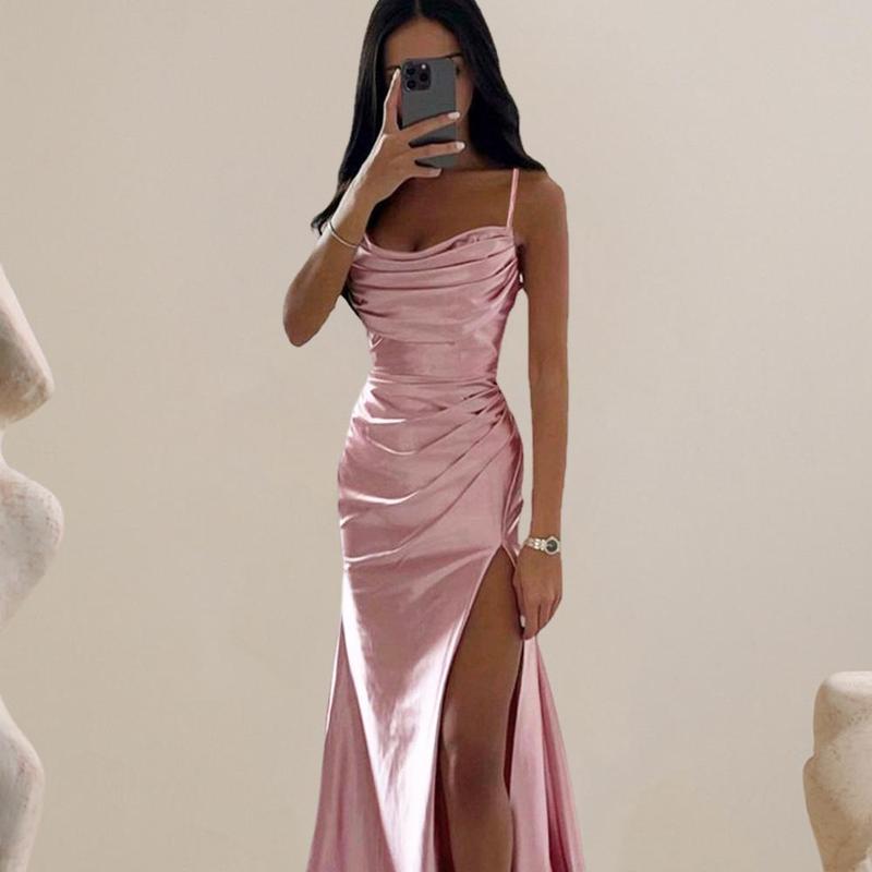 Product Introduction of Summer Women's Sexy Vintage Tulle Long Dress  Spaghetti Strap Satin Pleated Low-cut V Neck High Split dress Party Gown Ball 16
