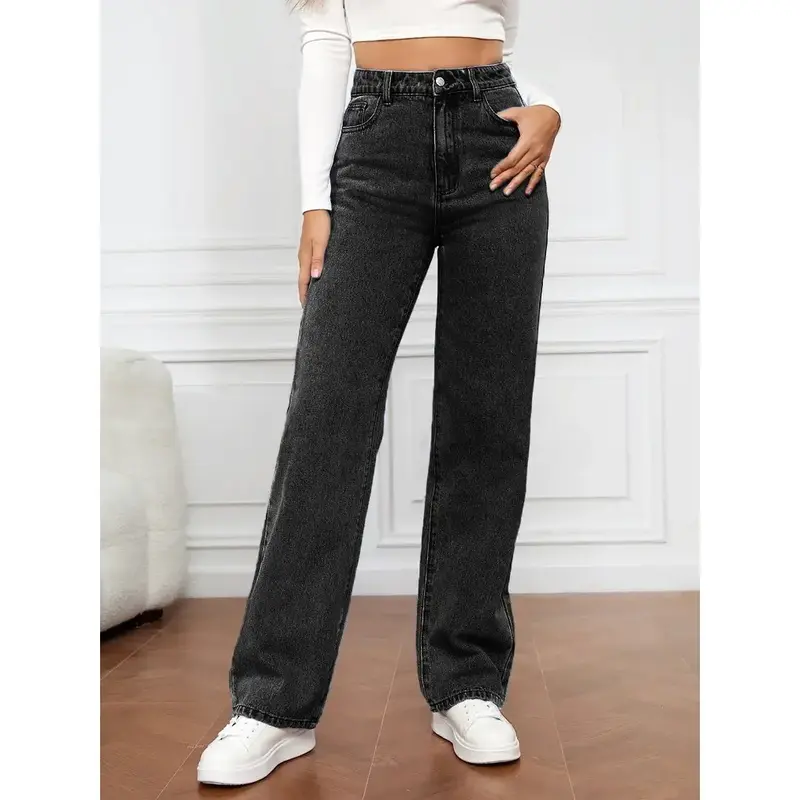 Women Jeans Straight Pants Denim Washing High Waist Loose Fit Pockets Basics Ankle Length Pants Solid Color Slight Strech 8