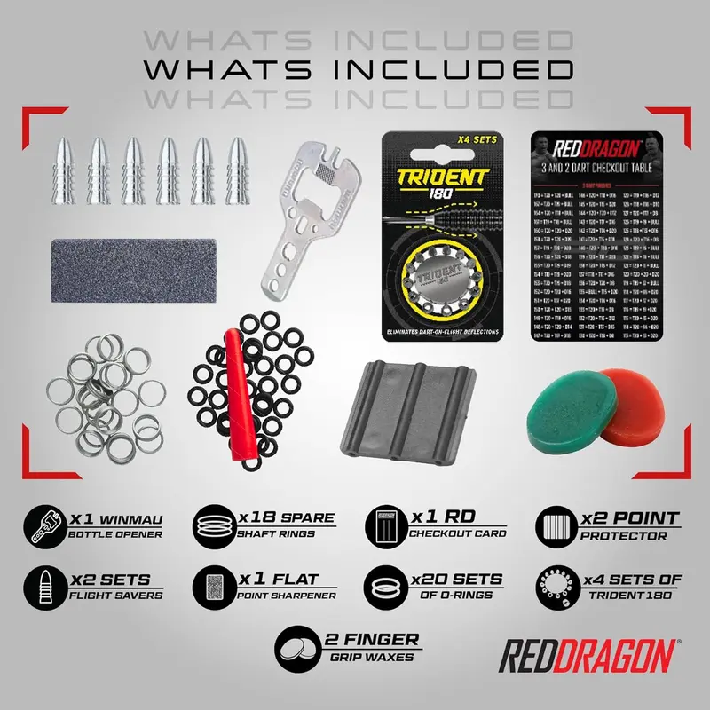 200 Piece Darts Custom Fit Pack Set | Dart Flights | Dart Shafts (Stems) | Trident 180's | Flight Savers | Finger Grip Wax | Rings | Toolkit Bottle Opener | Point Sharpener | Point Protectors 3