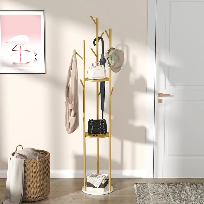 Marble Metal Coat Rack Freestanding with 3 Storage Shelves and 9 Hooks, Enterway Hall Tree for Hanging Coats, Jackets, Hats, Bag Hanger Organiser Hangable Room Installation 1