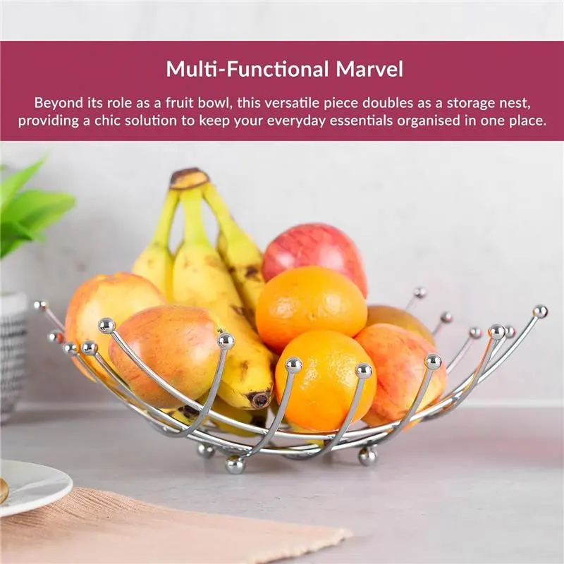 Essentials Chrome Fruit Bowl Nest Shape - Wire Basket - Storage for Fruit, Vegetables, Snacks, and More - Decorative Centerpiece for Kitchen, Table Countertop, and Pantry Organiser