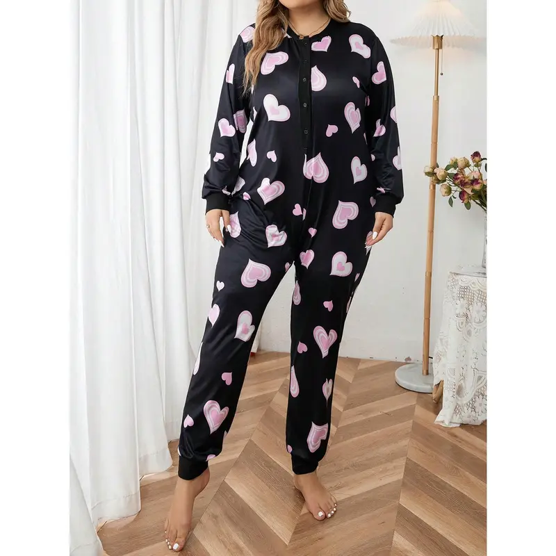 Plus Heart Print Sleep Jumpsuit, Pajama Jumpsuit Fit Long Sleeve 3