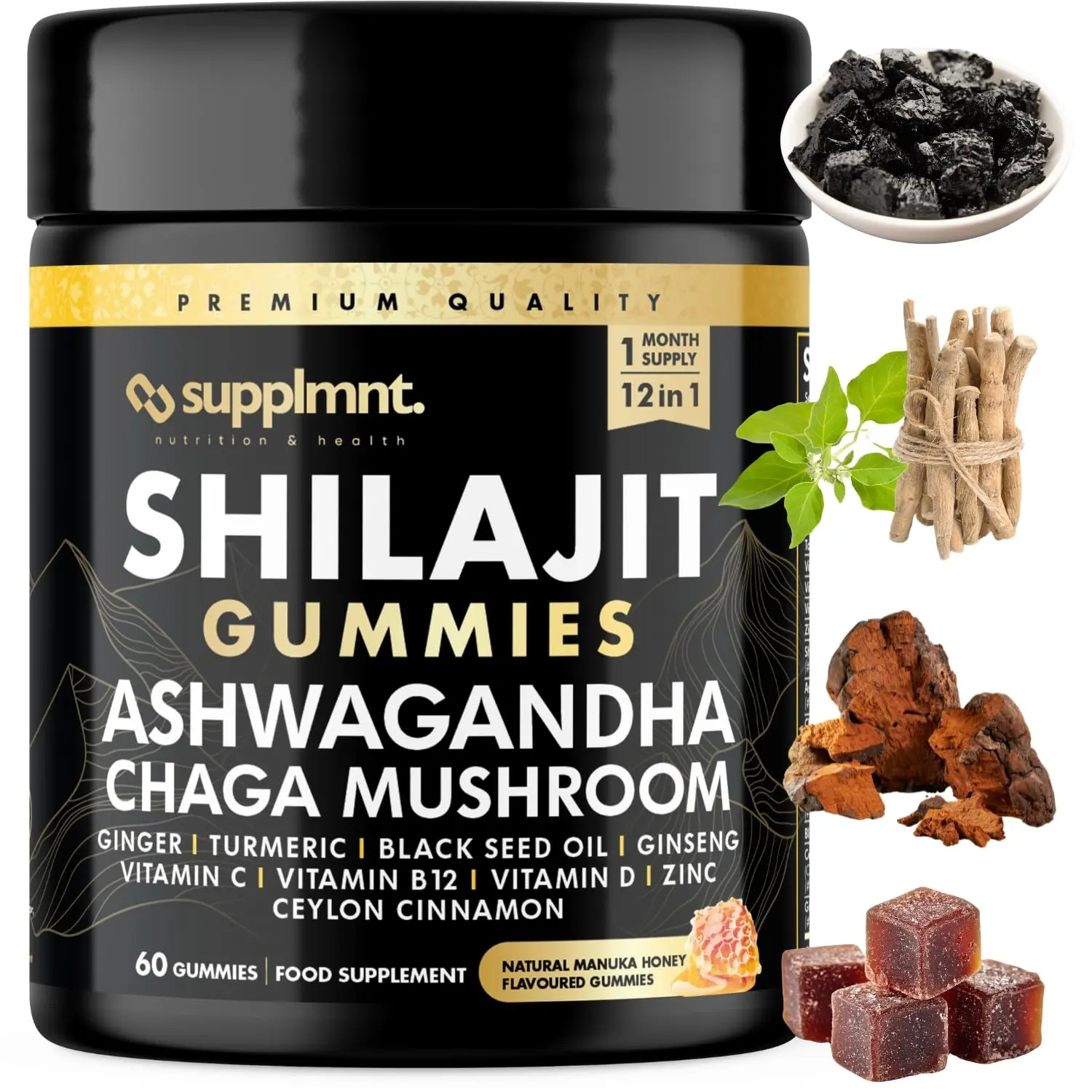 Supplmnt 3000mg of Shilajit Gummies with 1500mg of Ashwagandha, Chaga Mushroom, Ginger, Turmeric, Black Seed Oil, Ginseng, Vitamins C, B12, D, Zinc, Ceylon Cinnamon, 60 Gummies, 1 Months' Supply