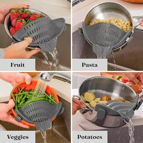 MJA Silicone Reusable Pot Strainer - Collapsible, Adjustable, and Space-Saving Kitchen Gadget for Effortless Food Pasta and vegetables Draining, Uncharged and Easy to Clean! Traditional Utensils Drainer Noodle Stainless Colander Washable 3