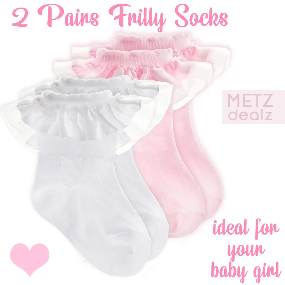 2 Pairs Baby Girls Frilly Tutu Socks Crew Socks with Frill Spanish Design Cute White Pink Baby Girl Sock Lace Newborn Sizes 0-0 0-2.5 3-5.5 Cotton Rich Plain Solid Baptism