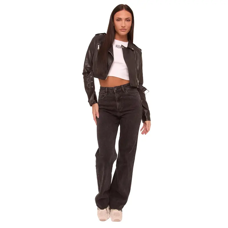 Venus Womenswear Rebellious FashionStretch Mid Waist Straight Leg Frayed Hem Denim Jeans 0