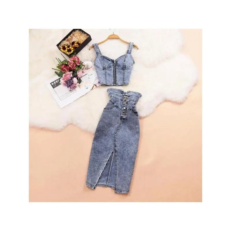 High Quality New  Summer Women Jeans Vest+Skirts Sets Straps Tops Buttons Denim Skirt Suits for Woman Костюм Женский