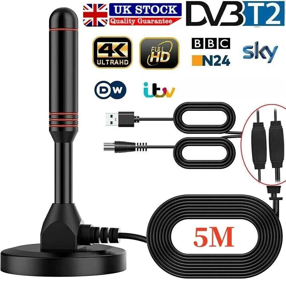 UK Portable TV Antenna Indoor Outdoor Digital HD Freeview Aerial Ariel Caravan DVB-T2 with 5m Cable USB TV Male Connector
