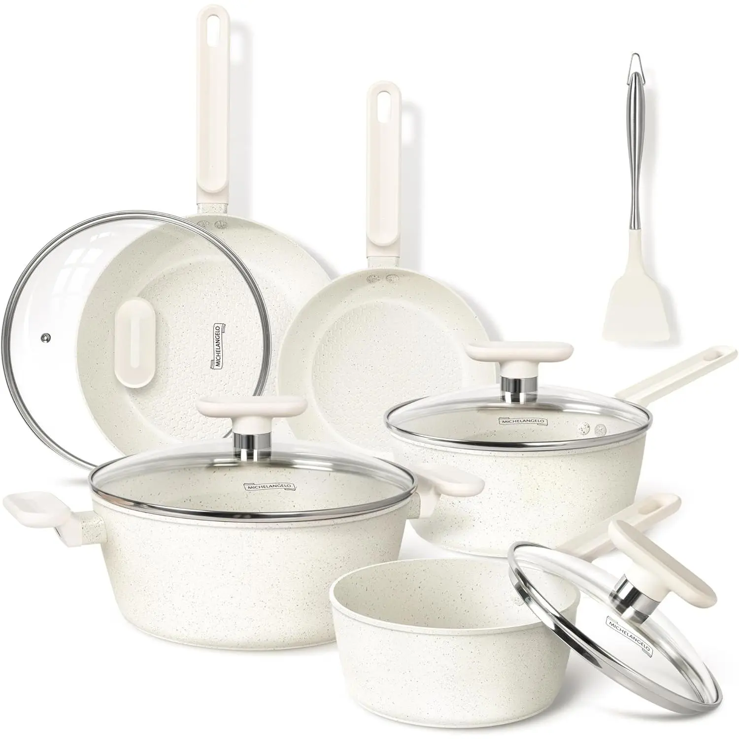MICHELANGELO Pots and Pans Sets Non Stick, 10pcs White Granite Pots and Pans Set with Nonstick Coatings, Non Stick Cookware Set, Stone Pots and Pans