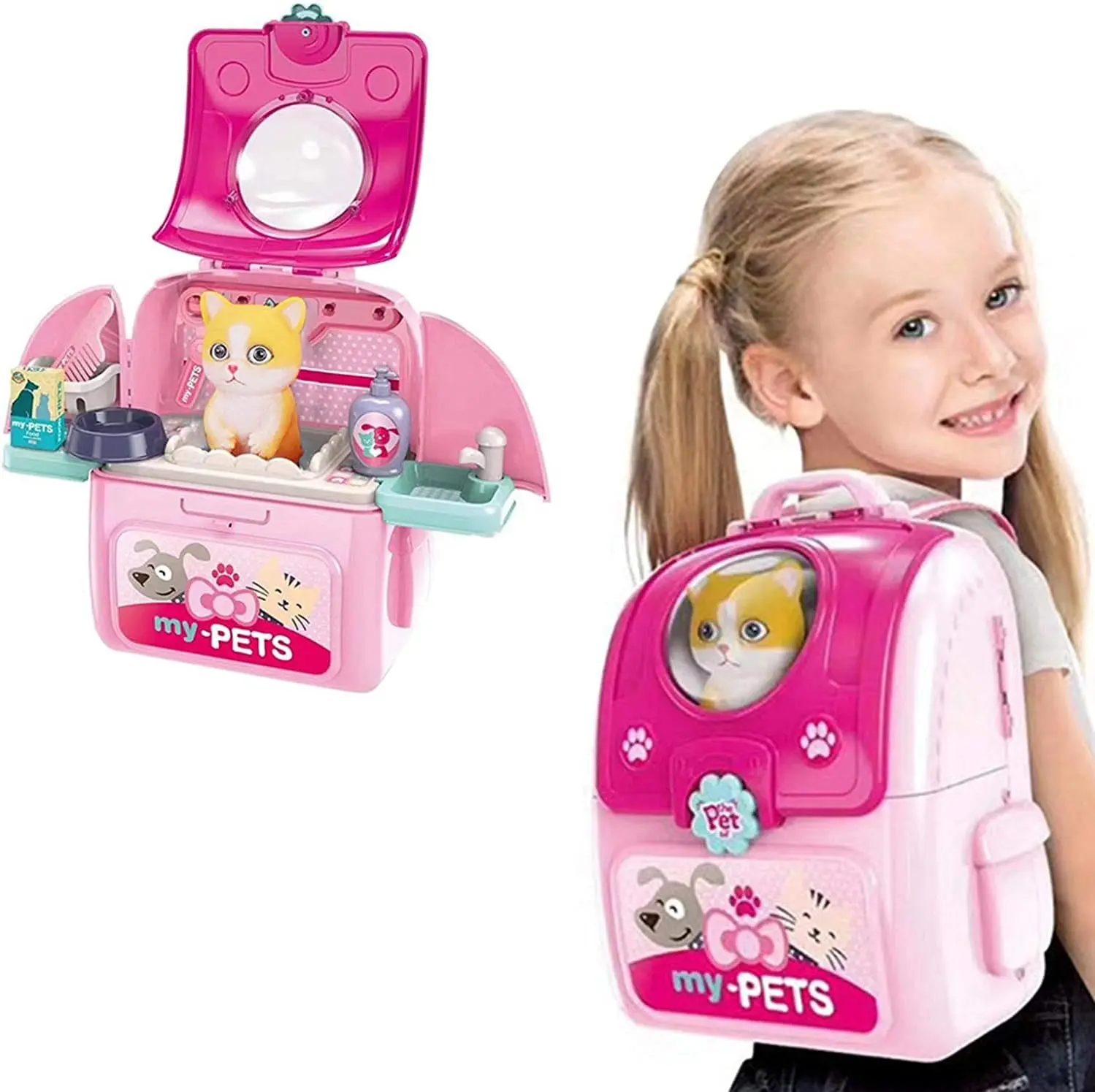 Pet Care Play Set with Backpack - Complete Grooming, Feeding, and Play Kit for Kids | Educational 2-in-1 Preschool Toy Gift for Girls & Boys | Includes Cat Toy Accessories | Pretend Play Set in Pink