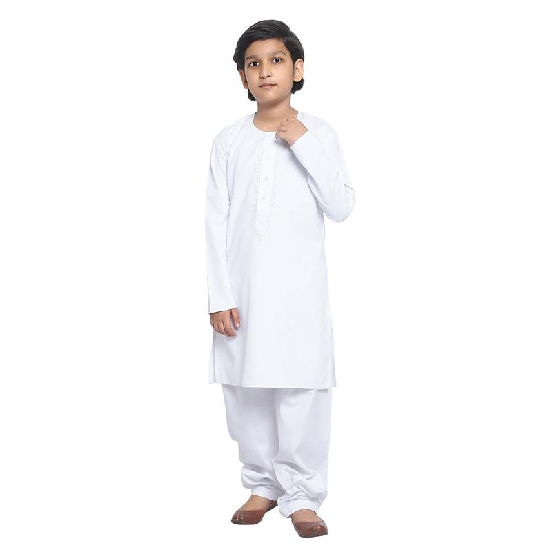 KIN-KG607-B - Boys Plain Kurta with Embroidery embellishment around neck and buttons area, comes with Shalwar. Ple 7