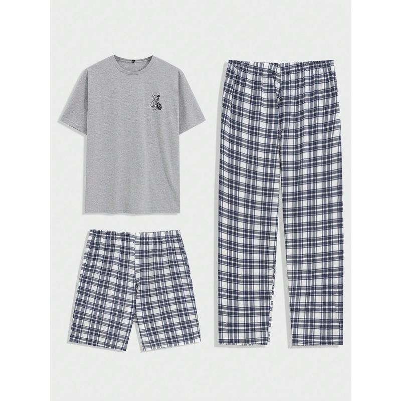 Cottnline Men's Plaid Pocket T-Shirt, Shorts And Long Pants 3pcs Homewear Pajama Set 0