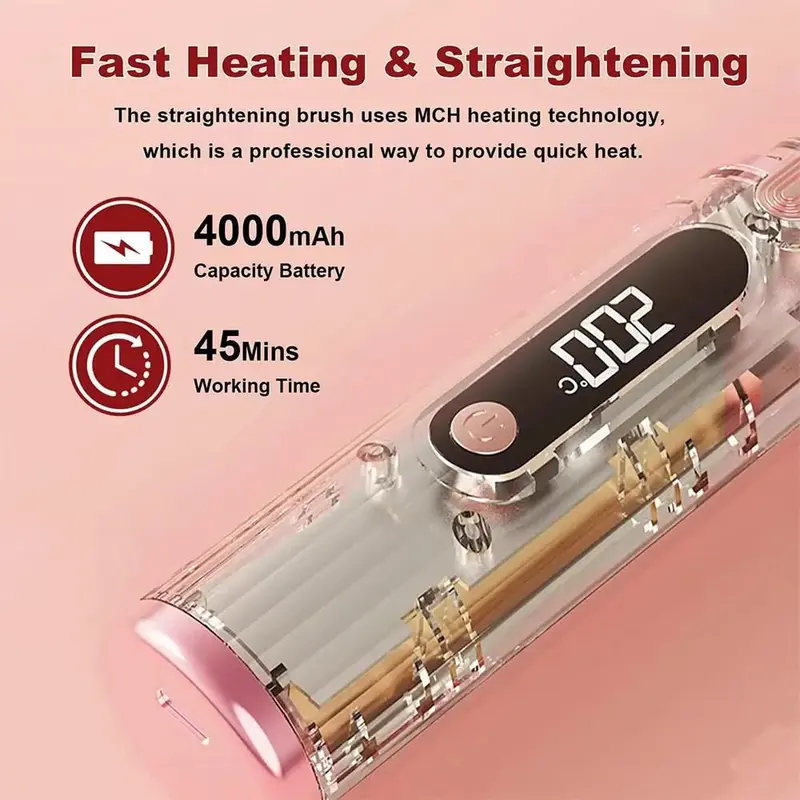 Portable Wireless Recharging Hair - Straightening Comb - Straightener Brush Hot Comb Cordless Lightweight Adjustable 1