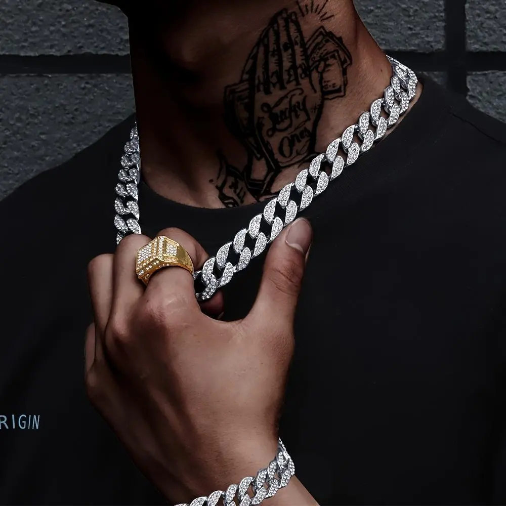1pc New Men's Cuban Link Iced Out Necklace Golden Silver Color Chain Paved Artificial Rhinestones Rapper CZ Cuban Chain Necklace Hip Hop Artificial Jewelry Gift