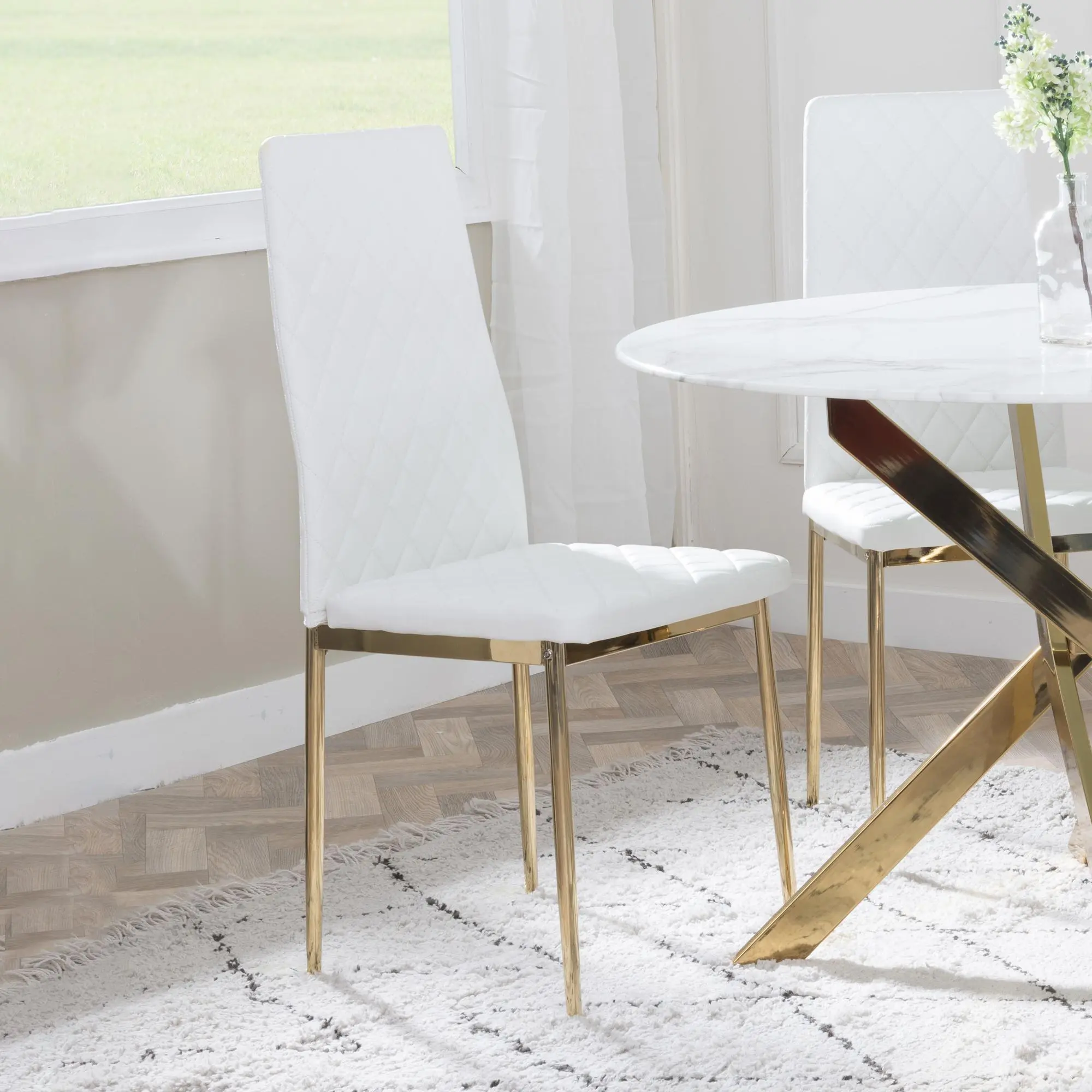 Set of 2 Metro Dining Chairs in White Colour Leather and Gold Metal Legs room