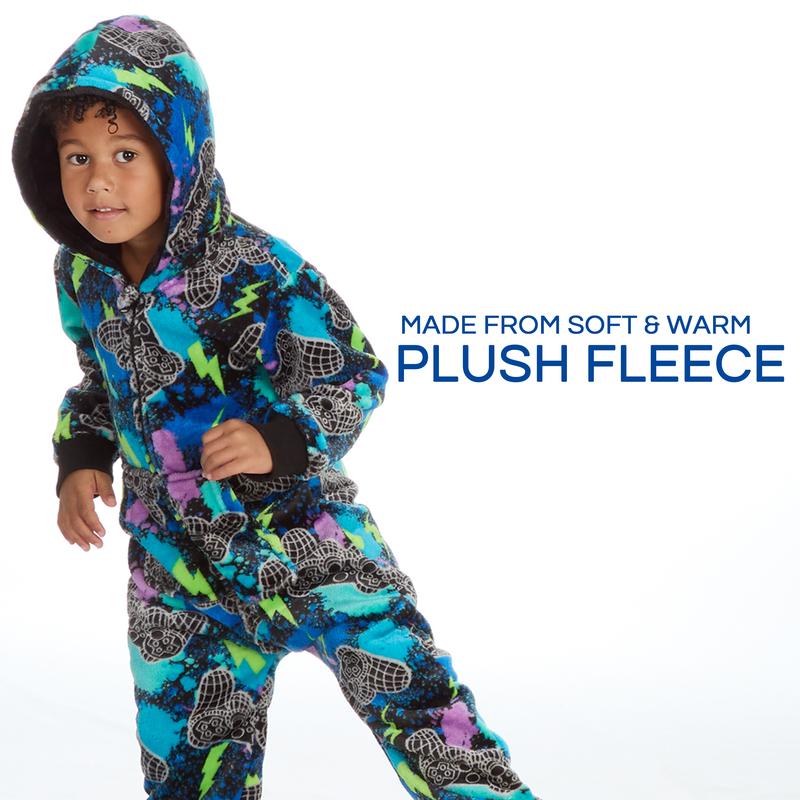 Kids Boys Gaming Onesie Gamer All in One Jumpsuit Plush Fleece Childs Boy Hooded Game Themed One Piece Pyjamas Cuffed Long SleeveWarm Cosy Zip Up Navy All Over Printed 3 4 5 6 Years 4