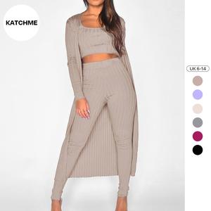 KatchMe Women's Solid U Neck Crop Top & Stretch Trousers With Long Cardigan Three-Piece Sets,Casual Comfort Co-ord for Lady,Basic Three Piece Outfits