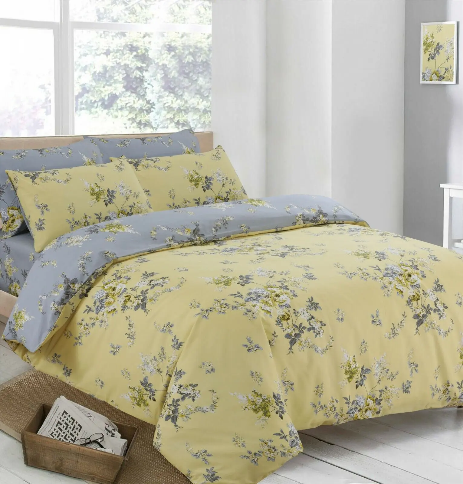 YELLOW GREY VICTORIA FLORAL REVERSIBLE DUVET COVER SET IN DOUBLE OR KING SIZE