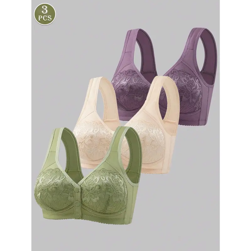 3pcs Set Front Button Closure Wireless Bra, Comfortable & Breathable Ladies Lingerie Lace Womenswear Comfy Basic Minimalist 0