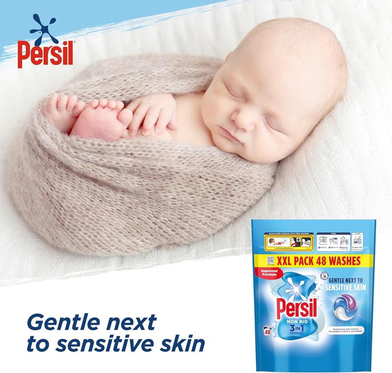 Persil Non Bio 3 in 1 Washing Capsules laundry capsules gentle next to sensitive skin for outstanding stain removal in quick & cold washes 48 washes 4