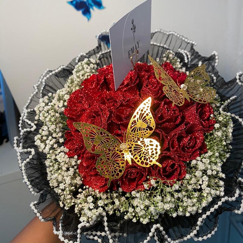 Small bouquet- red glitter roses with 2 gold butterflies gift flower 3