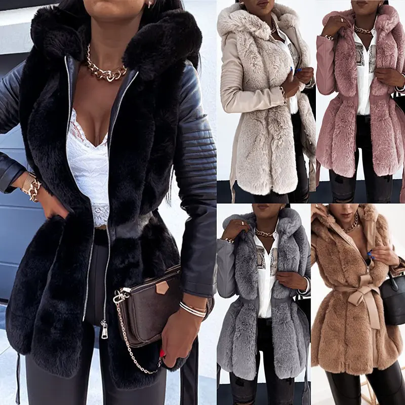 New 2024 imitation fur jacket for women with belt and hooded solid color zipper jacket for women Casual Coat Comfort Womenswear Elegant Long Sleeves Winter