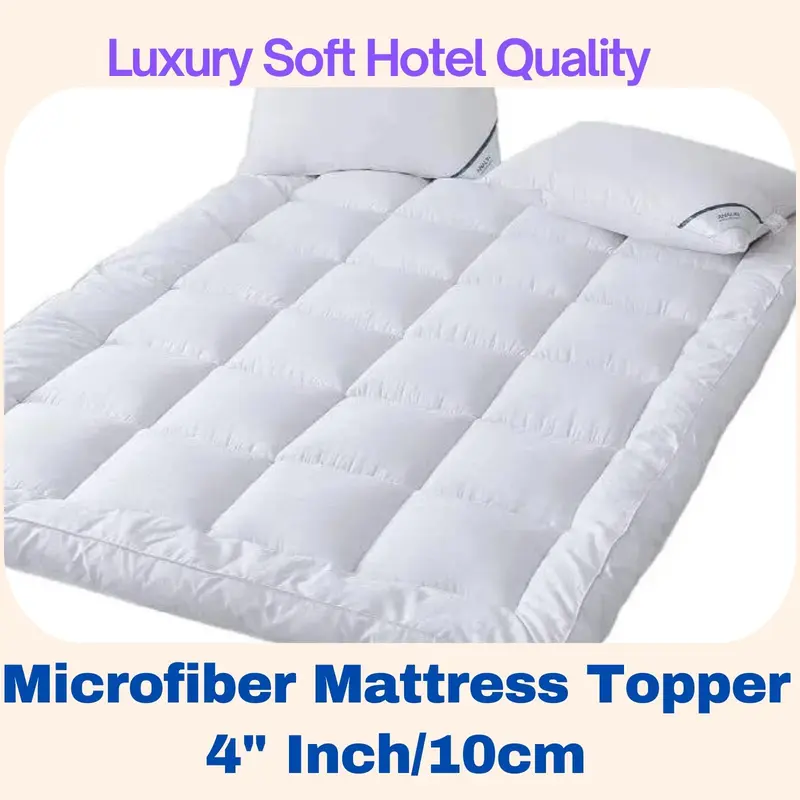 Hotel Quality Microfiber Mattress Topper 4" Inch/10cm Deep Luxury Soft skin-friendly flat weave breathable machine washable 8