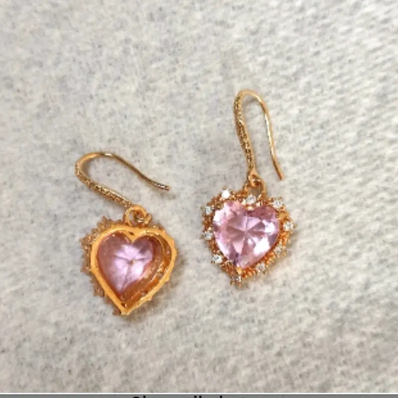 gold colour filled pink heart earrings,viral golden pink earrings,rose pink golden earrings,crystal earrings,gift for her, graduation gift, wedding gift, birthday gift, antique golden heart earrings. 2