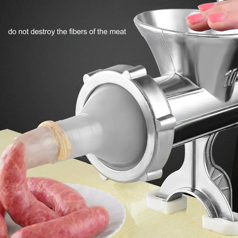 Small Meat Grinder Manual Meat Stuffer Sausage Maker Aluminum Alloy Composite Wood Incisive Blade Silver Meat Filling Kitchen Machine for Meat Sausage Cookies Easy to Clean 4