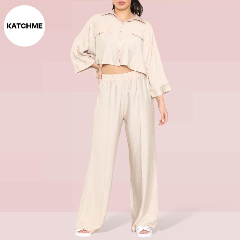 KatchMe Women's Versatile Long Sleeve Button Crop Top & Elastic Waist Pocket Trousers Co-ord,Lady Two-Piece Outfit for Womenswear,Plain Co-ord Set 7