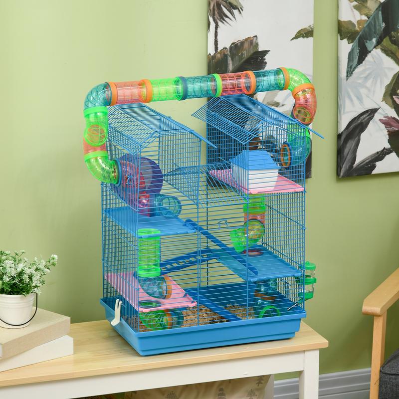 PawHut 5 Tier Hamster Cage Carrier Habitat with Exercise Wheels Tunnel Tube Water Bottle Dishes House Ladder for Dwarf Mice, Blue 1