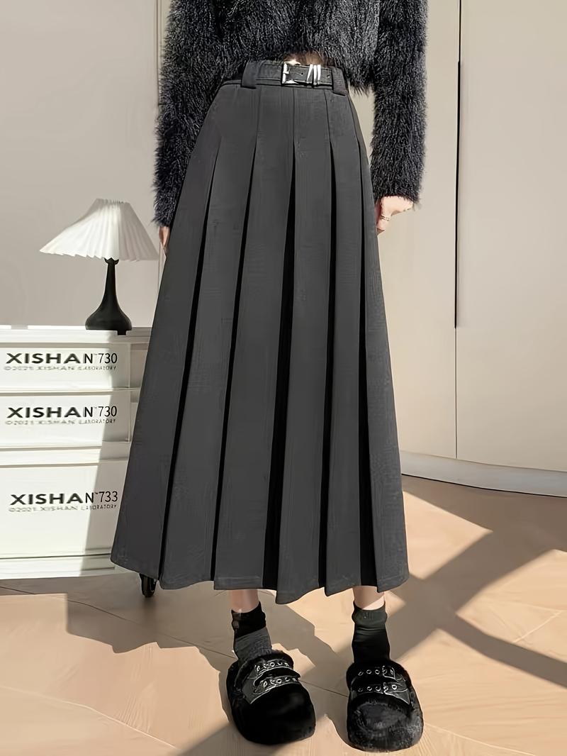 Product Introduction of Chic A-Line Pleated Midi Skirt - 100% Polyester Solid Color Woven Fabric, Beltless Design for Fall/Winter Fashion, Stylish and Comfortable Wear for Women 9