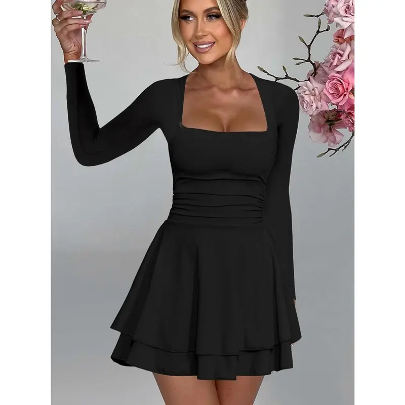 Kaximil Women's Square Neck Ruffle Hem Mini Dress Ruched Waist Long Sleeve Corset Short Party Dresses Formal Womenswear 4
