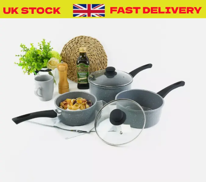 3 Pcs Carbon Steel Marble Grey Non-stick Saucepan Pot & Pan Set