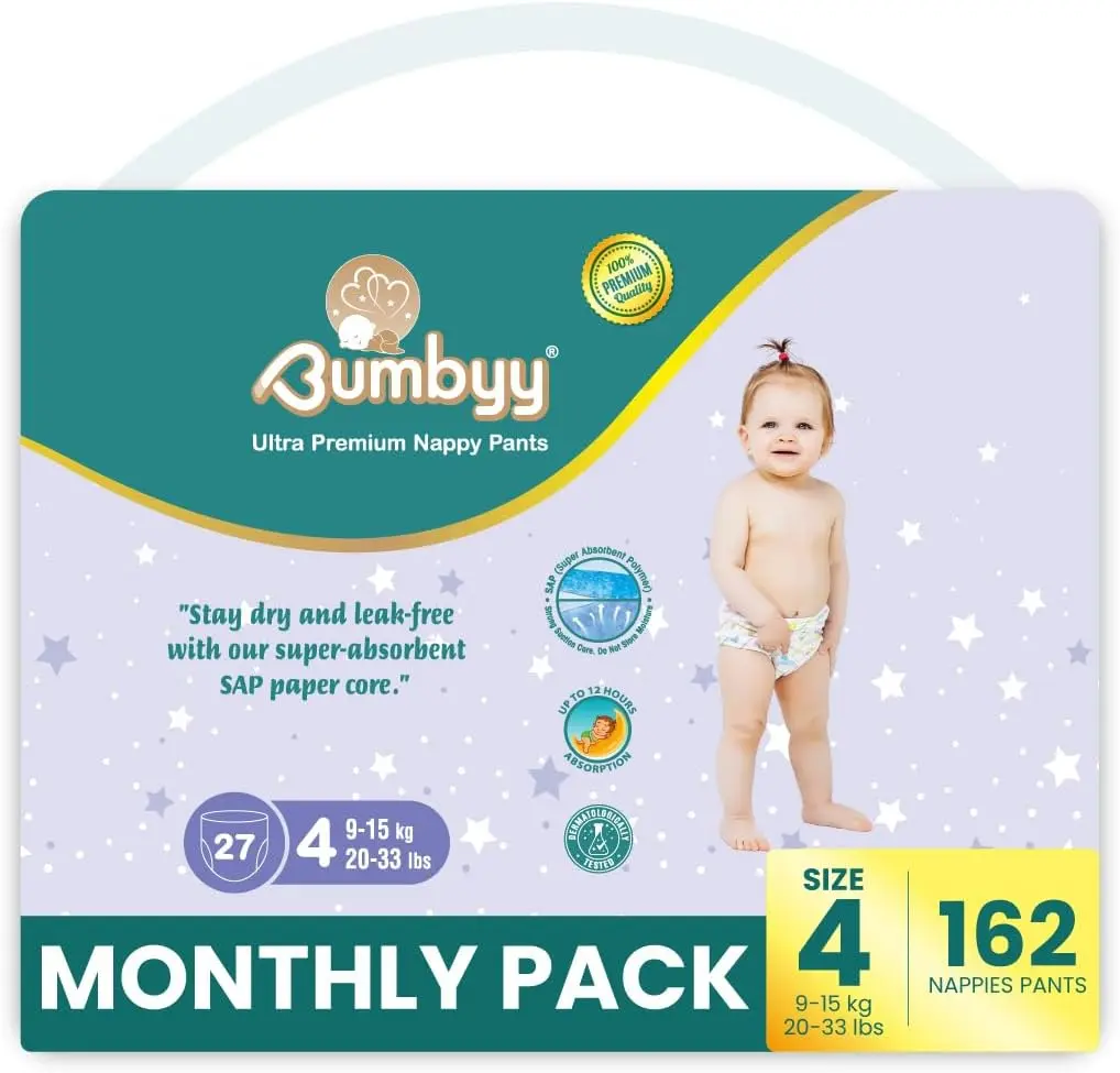 Bumbyy Premium Nappy Pants - Size 4 (9-15kg/20-33lbs) - 162 Count Savings Pack - 12hr Leak Protection, Chemical Free, Hypoallergenic, Dermatologically Tested, Soft & Thin Pull-Ups for Sensitive Skin