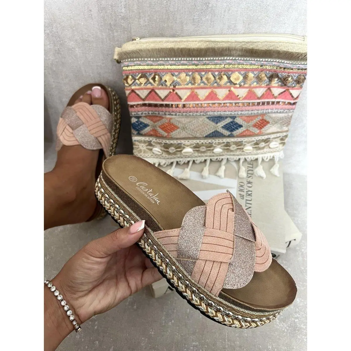 iKrush Embellished Strap Braided Chunky Platform Sandals i37331  Chunky Platform Low Heel Regular Length Regular Fit