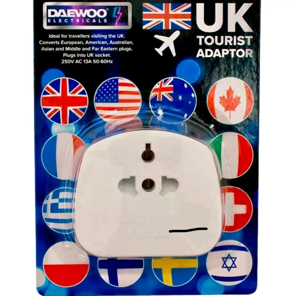 UK Tourists Adaptor - Converts European, American, Australian, Asian, Middle and Far Eastern Plugs - 250V AC 13A 50-60 Hz