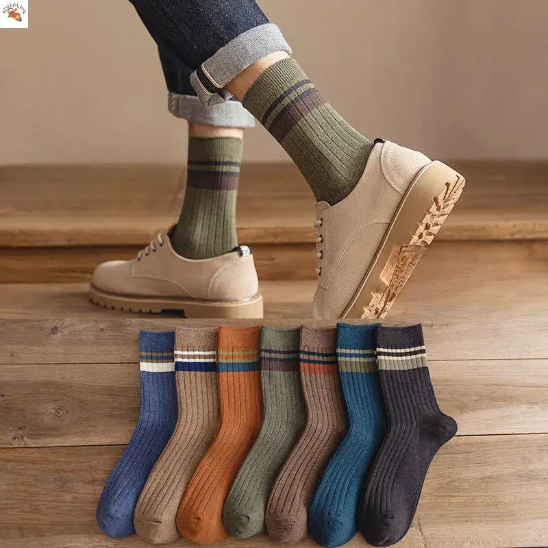 RISELDAJOR  5 Pairs of Men's Mid-Calf Socks with Striped Design, Solid Color, Ideal for Spring and Autumn, Also Great as Winter Long Socks, Odor-Resistant and Moisture-Wicking, Sweatproof 0