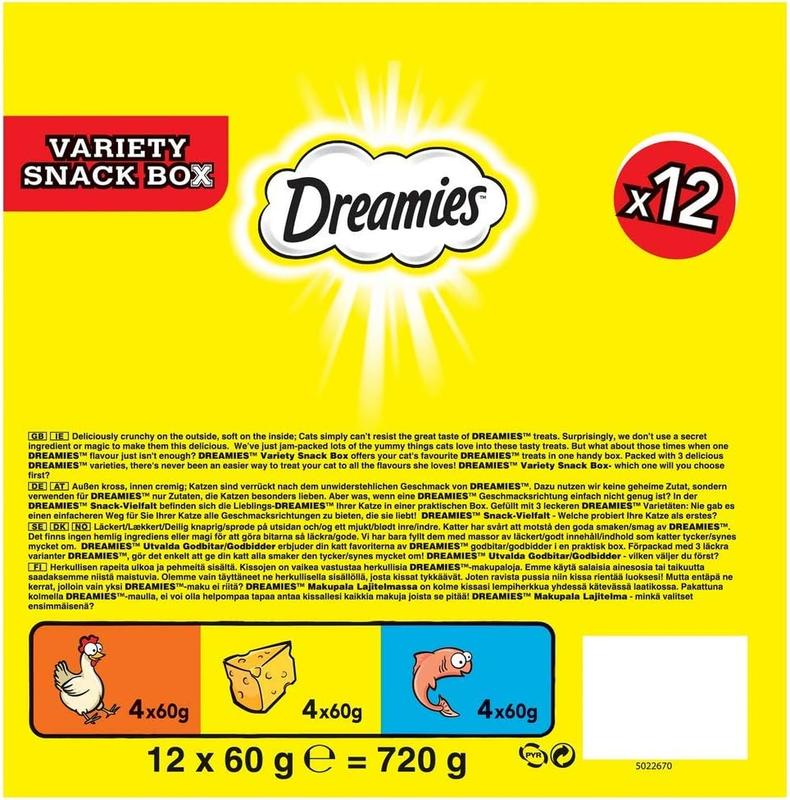 Dreamies Cat Treats Variety Pack, snacks with chicken, salmon flavour and cheese, Pack of 12 (12 x 60 g) 2